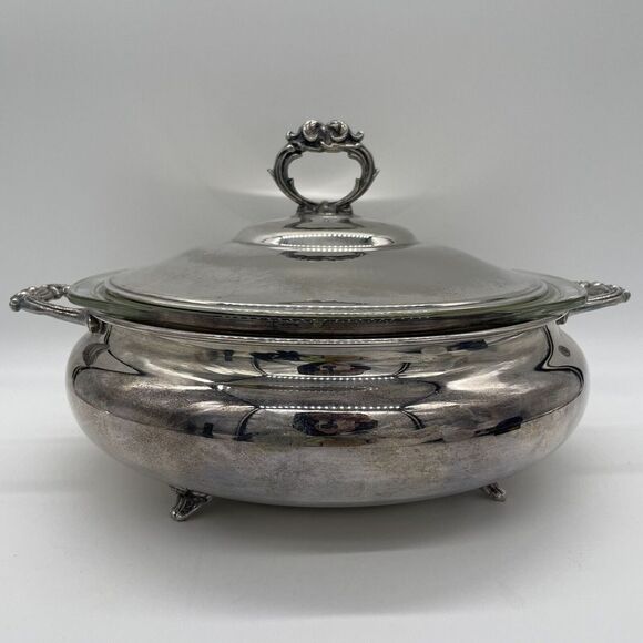 Vtg English Silver MFG Corp Silverplate Serving Dish & Pyrex Insert‎ Made in USA